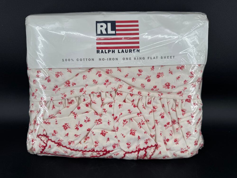 NEW Ralph Lauren Colchester Red King Flat Sheet Floral Ruffle Cotton NOS USA